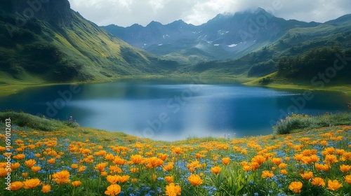 青い湖とオレンジ色の花が咲く山地の風景 夏の日の自然の美しさ