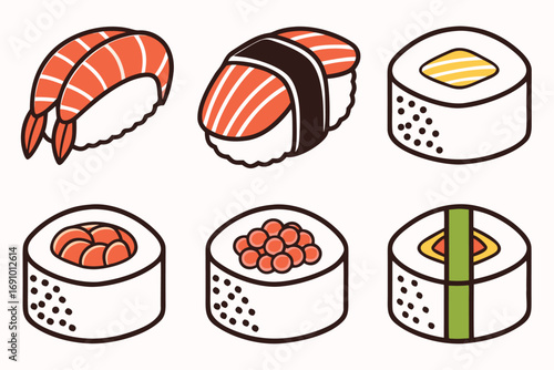 Six hand drawn illustrations of sushi and sushi rolls with salmon shrimp and roe vector