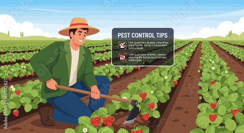 Farmer cultivating strawberries with pest control tips for a bountiful harvest shown