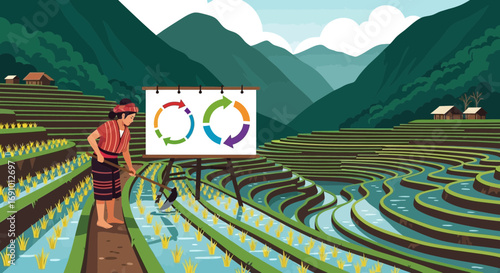 Sustainable Farming Practices on Rice Terraces with Crop Rotation Illustration