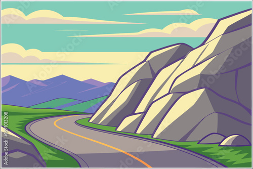 Winding mountain road through a stylized landscape with purple mountains and yellow clouds winding road