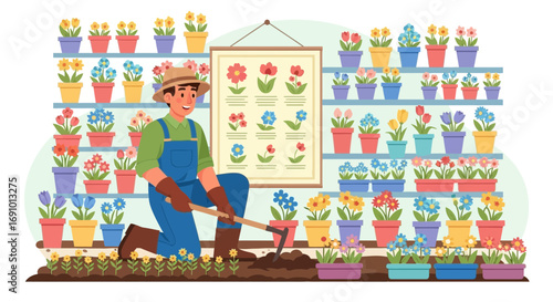 Gardener cultivating flowers, illustrating gardening hobby and florist shop display concept