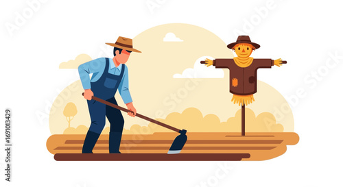 Agricultural scene showing farmer tilling soil with scarecrow in the field illustration