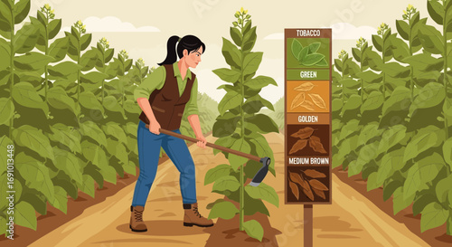 Illustration of a tobacco farmer working in a field, showing different stages of leaf curing, and