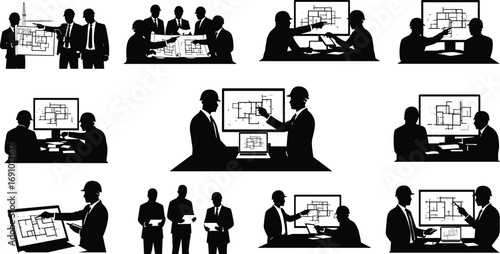 Silhouettes of architects and engineers discussing blueprints, construction plans, digital designs, office collaboration, project planning, site management, building design, teamwork.