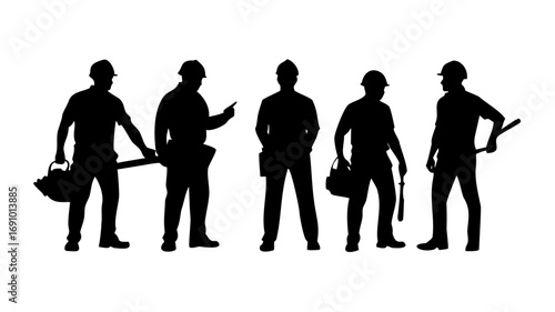 Construction workers set vector silhouettes .Multiple images of a manual worker
