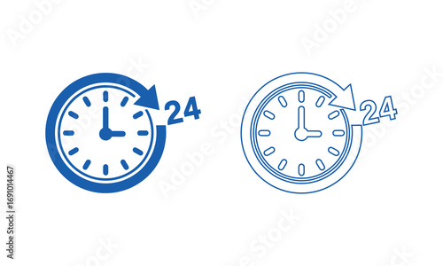 Minimalist blue clock icon with circular arrow and 24 text indicating around-the-clock service on white background