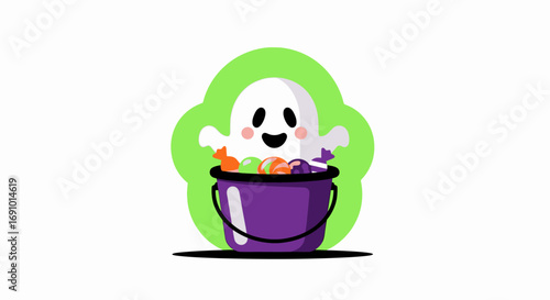 Adorable Cute Ghost Character with Friendly Facial Expression in a Bright Green Cloud Frame, Playful Halloween or Children's Illustration for Kids' Party Decorations, Education Materials, or