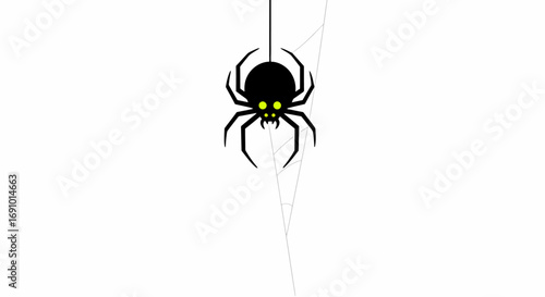 Close-Up of a Black Spider with Bright Green Eyes Hanging from a Silken Thread with Minimalist White Background, Symbolizing Nature, Intrigue, and Creative Design for Scientific and Artistic Projects