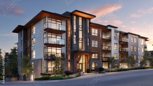 Fototapeta Naklejka Na Ścianę i Meble -  High Definition Visual of Modern Low Rise Wood Frame Apartment Complex in Spring