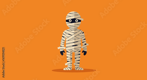 Cute Cartoon Mummy Character with Bandages and Wide Eyes on Bright Orange Background for Kids' Halloween or Costume Theme Designs