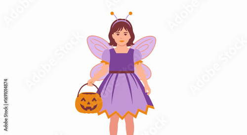 Cute Child in a Halloween Costume as a Fairy Bee with Butterfly Wings and Antennae, Holding a Pumpkin Jack-o'-Lantern for Halloween Festivities and Costume Parties, Adorable Holiday Celebration Image