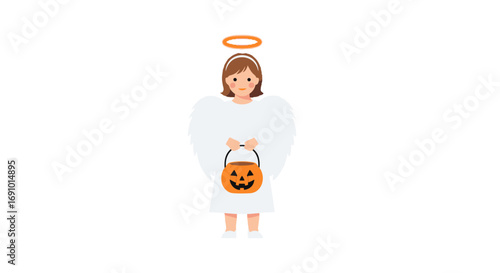 Cute Halloween Girl Costume with Angel Wings and Pumpkin Basket for Kids, Perfect for Holiday Parties, Trick-or-Treating, and Costume Events, Featuring Childlike Innocence and Festive Cheer