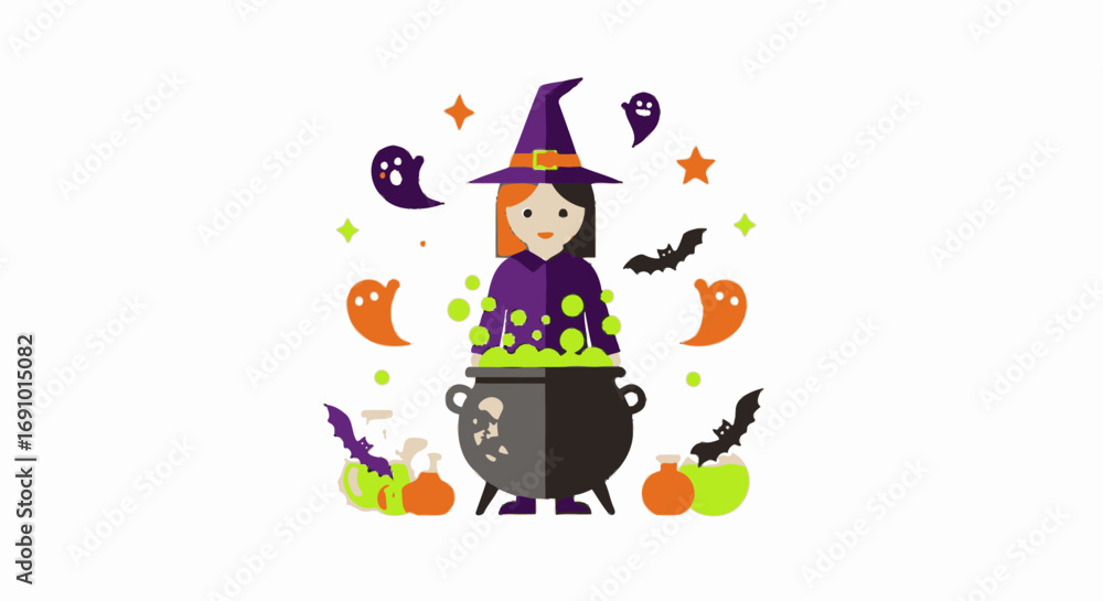 Naklejka premium Festive Halloween Witch Cauldron with Magical Elements and Decorations for Celebration and Spooky Party Themes | Halloween Costume and Party Supplies Illustration