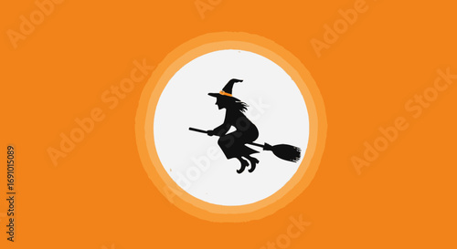 Festive Witch Flying on a Broomstick Silhouette in a Halloween Night Scene with Bright Orange Background for Spooky Holiday Celebrations and Seasonal Decorations