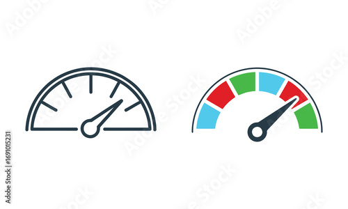 Minimalist speedometer and measurement gauge icon design in line art and solid black variations on white background