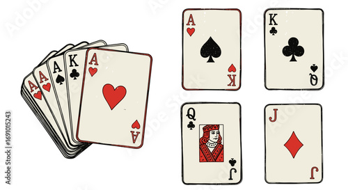 A collection of playing cards showing various suits and face card values