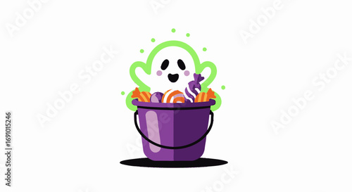 Playful Halloween Ghost in a Purple Bucket Filled with Colorful Candy, Spooky and Cute Themed Trick-or-Treating Decoration for Kids, Halloween Party, and Holiday Celebration