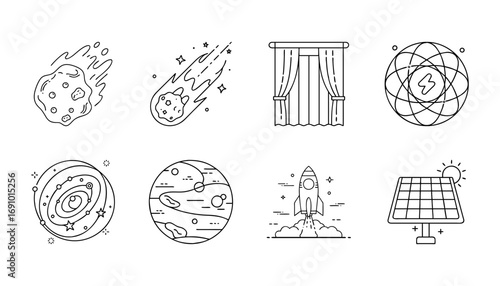 Space exploration and astronomy line icon set - Collection of outline icons representing space exploration and astronomy including asteroid, comet, galaxy, planet, rocket launch, atom, solar panel