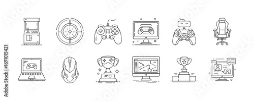 Video gaming and esports line icon set - Collection of outline icons featuring gaming and esports elements including controllers, headset, gaming chair, trophy, laptop, arcade machine, and target.
