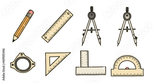 Illustration featuring various drafting and measuring tools on white background