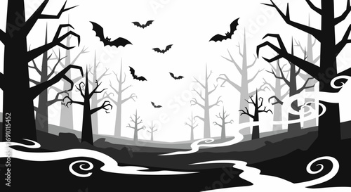 Spooky Haunted Forest Scene with Bats Flying Over a Dark River during Halloween or Autumn Night, Black and White Silhouette Illustration for Horror, Halloween Events, and Nighttime Nature Themes