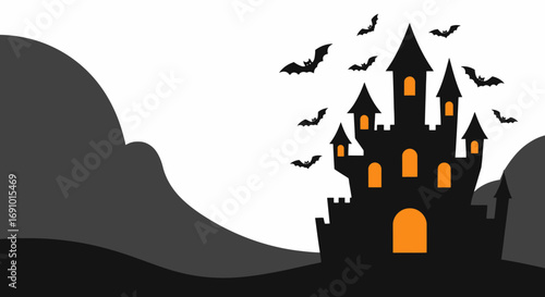 Spooky Haunted Castle Silhouette at Night with Bats and Dark Clouds for Halloween and Horror Themes, Suitable for Horror Movies, Haunted House Events, Halloween Decorations, and Gothic Design Projects