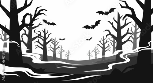 Spooky Haunted Forest Scene with Bats and Leafless Trees in Silhouette for Halloween, Horror, and Dark Fantasy Themes, Perfect for Spooky Decorations, Posters, and Horror Content