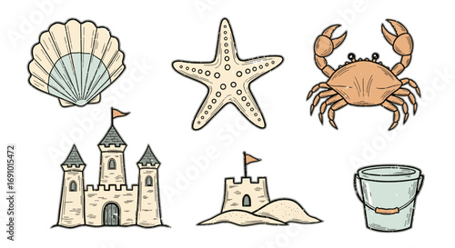 Illustration of a seashell, starfish, crab, and sandcastle set on white
