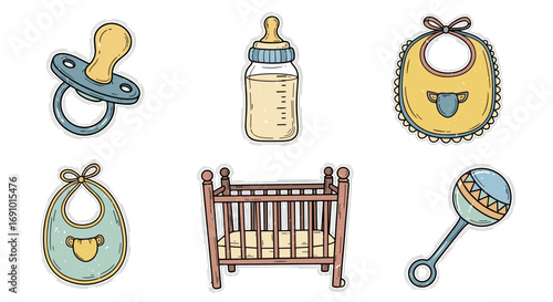 Illustration of baby items including pacifier bottle bib crib and rattle