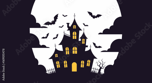 Spooky Haunted House Illustration for Halloween Theme with Flying Bats and Full Moon Dark Night Mood for Horror or Halloween Party Decorations Design