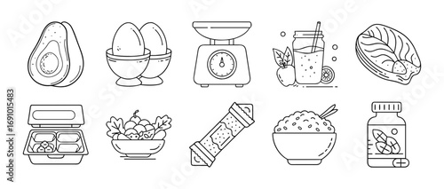 Healthy food and nutrition line icon set - Collection of outline icons featuring healthy food and nutrition including avocado, eggs, salmon, smoothie, rice bowl, protein bar, salad, and supplements.
