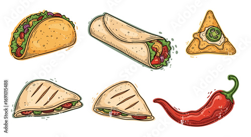 Illustration of a taco burrito nachos quesadillas and a chili pepper