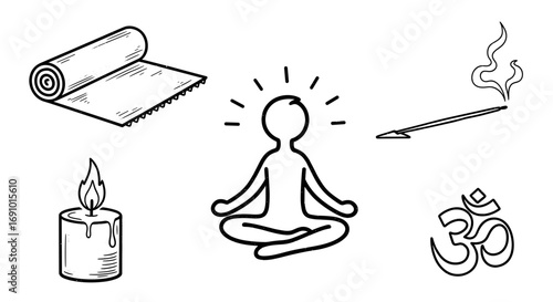 Illustration of yoga mat, meditating figure, candle, incense, and om symbol
