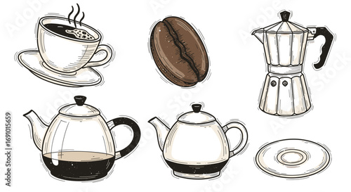 Illustration of coffee cup bean moka pot and teapots on a white background
