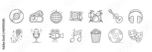 Music and entertainment line icon set - Collection of outline icons representing music and entertainment elements including guitar, drums, microphone, film camera, headphones, popcorn, and disco ball.