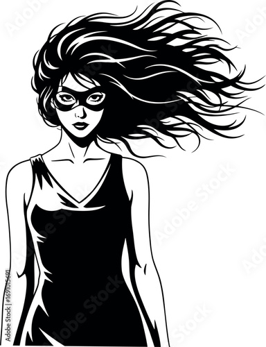 Mysterious Masked Woman with Wind-Blown Hair - Elegant Black and White Superheroine or Vigilante Character Portrait, Dynamic Hand-Drawn Comic Book Style Illustration.