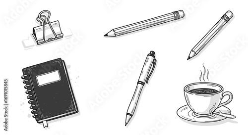 Illustration of stationery items including pencils pen notebook and coffee