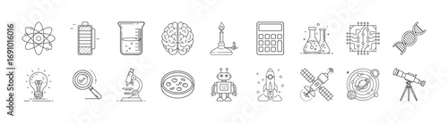 Science and laboratory research line icon set - Collection of outline icons featuring science and research elements including microscope, DNA, atom, telescope, lab equipment, robotics, and chemistry.
