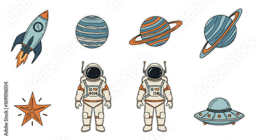 Illustration of two astronauts planets rocket star and a flying saucer