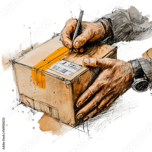 Creative Packaging Sketch of Cardboard Box Isolated on White
