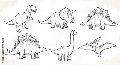 Illustration of a group of various types of dinosaurs in black and white