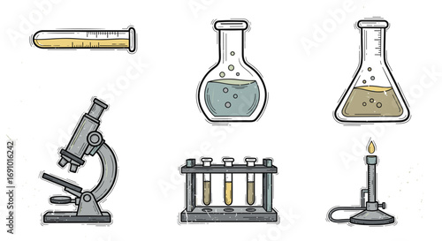 Illustration of science lab equipment including microscope and beakers