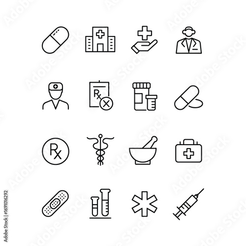 Set of sixteen minimalist black line art medical and healthcare icons including pills, doctor, syringe, and caduceus on white background