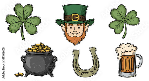 St patrick's day themed illustration with leprechaun and lucky items