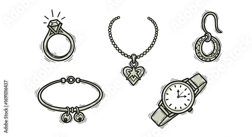 Illustration of various jewelry items including ring necklace and watch