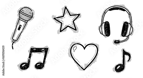Hand drawn microphone star headphones music notes and heart doodles art