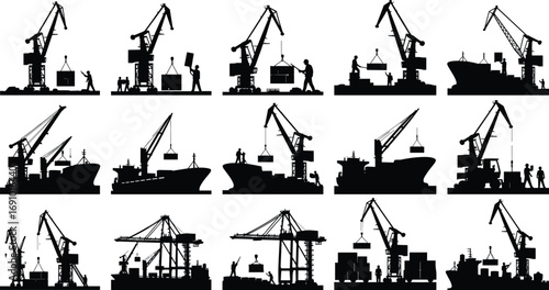 Silhouettes of cargo cranes and workers loading and unloading containers at shipping port, maritime transport, logistics, shipping industry, dock workers.