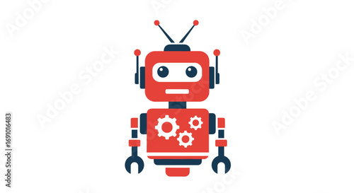 Illustration of a red and blue robot with gears on its body and antennas