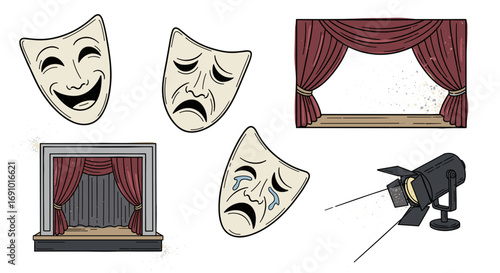 Illustration of theater masks curtains and a stage spotlight setup art